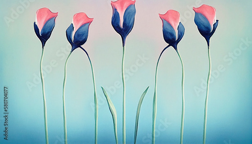 Spring tulips flowers art illustration, in minimalistic style. Pastel blue color tones 