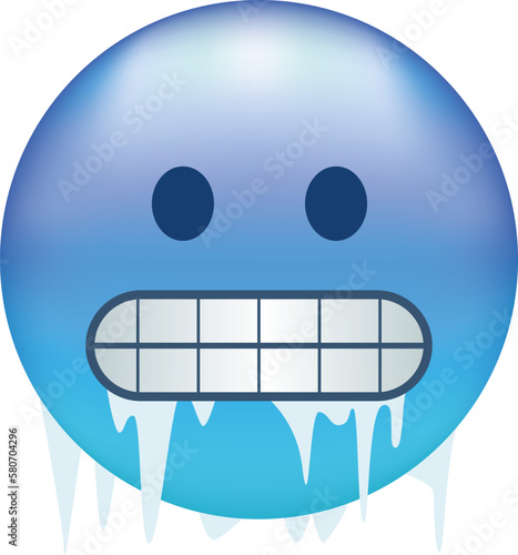 Cold emoji. Freezing emoticon, icy blue face with gritted teeth, icicles and snow cap