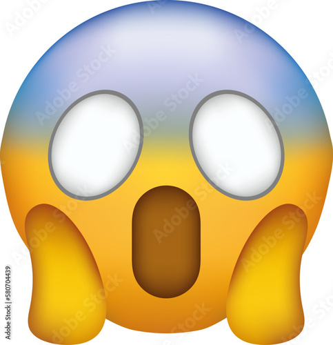 Screaming in fear emoji. Horror and fright emoticon. Yellow face with blue forehead, big scared eyes and long, open mouth.