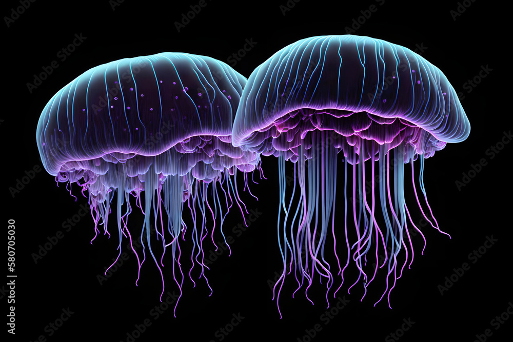 Glowing sea jellyfish on dark background. Generative AI Glowing sea jellyfish on dark background. Generative AI