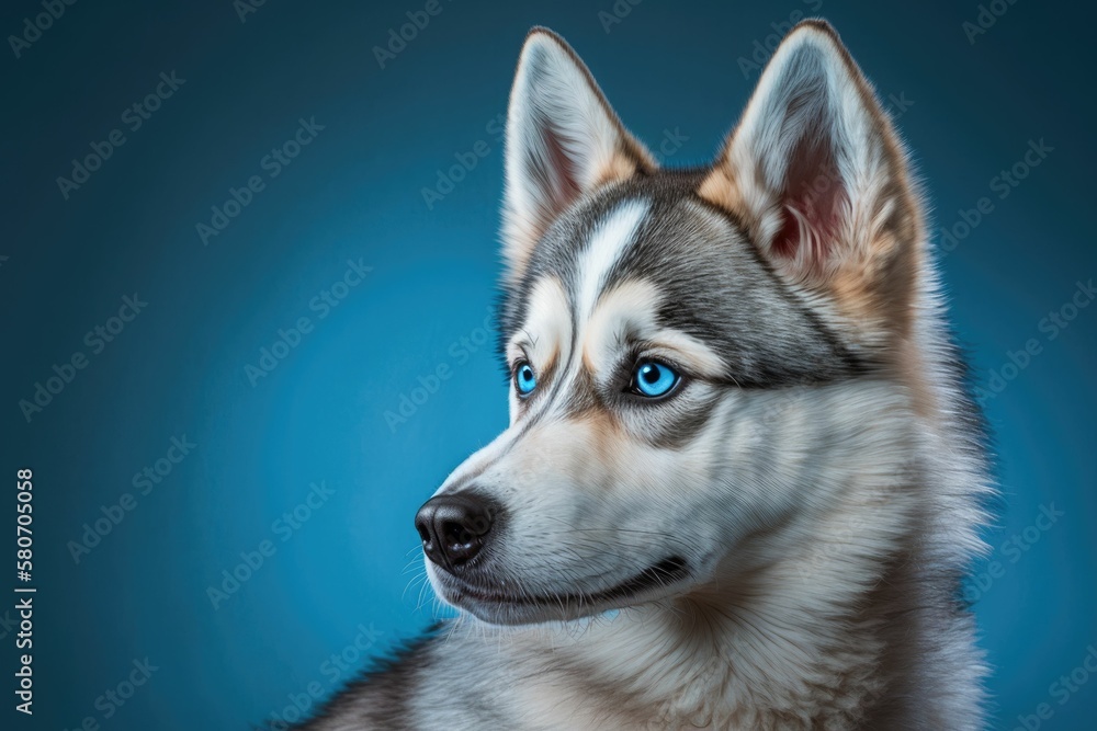 Fototapeta premium Side pose of a fluffy husky. Generative AI.