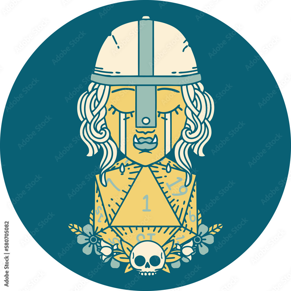 crying orc fighter character with natural one D20 roll illustration crying orc fighter character with natural one D20 roll illustration