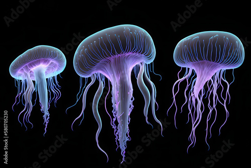Glowing sea jellyfish on dark background. Generative AI © Victoria Key