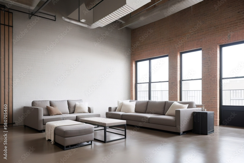 Fototapeta premium Large loft apartment with exposed brick walls and big windows. Two gray couches and table, minimalist with clean lines and neutral colors. AI technology. 