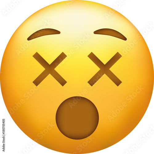 Exhausted emoji. Tired emoticon, yellow face with X-shaped scrunched eyes