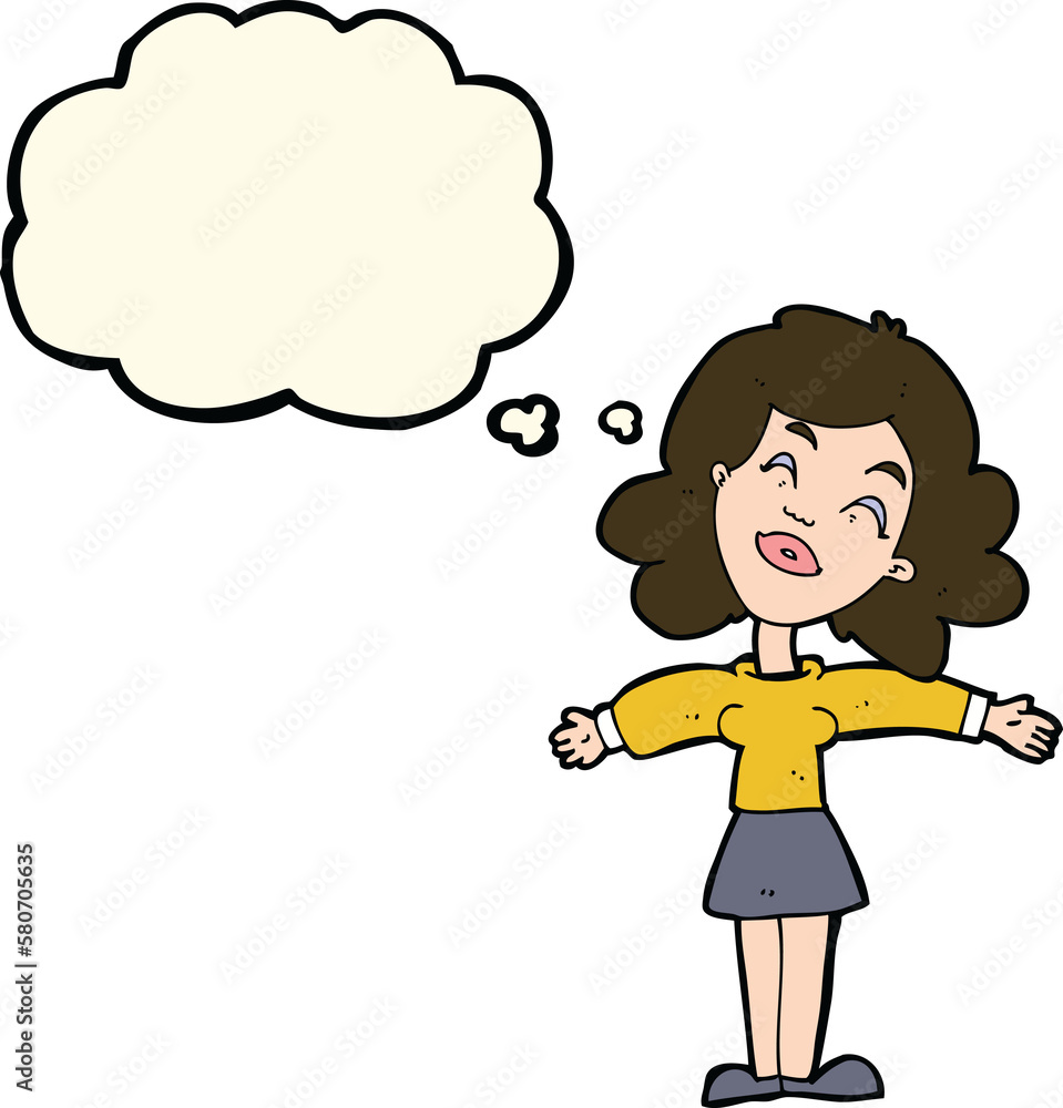 cartoon woman with open arms with thought bubble cartoon woman with open arms with thought bubble