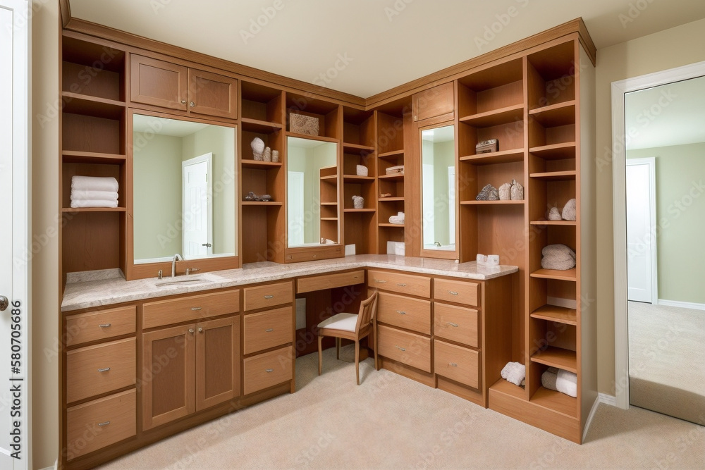 Home dressing room with mirrors and vanity table for getting ready in morning. Plenty of storage with built-in shelves and drawers. AI technology. Home dressing room with mirrors and vanity table for getting ready in morning. Plenty of storage with built-in shelves and drawers. AI technology.