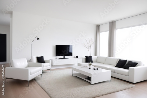 Living room with a large white couch and television on stand. Large window, light room, minimalism. Generative AI technology