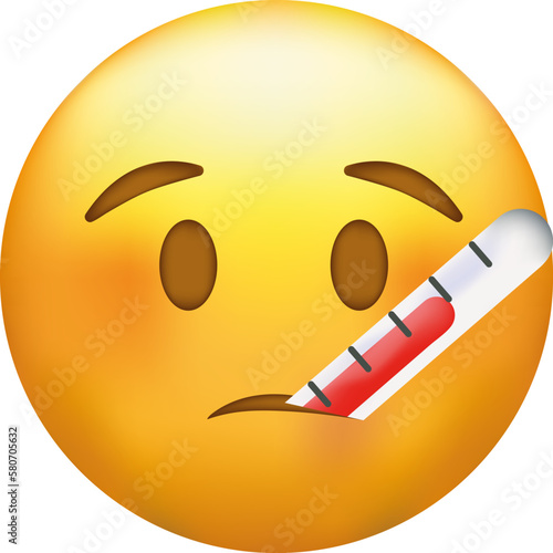 Thermometer in mouth emoji. Sick emoticon with high fever.