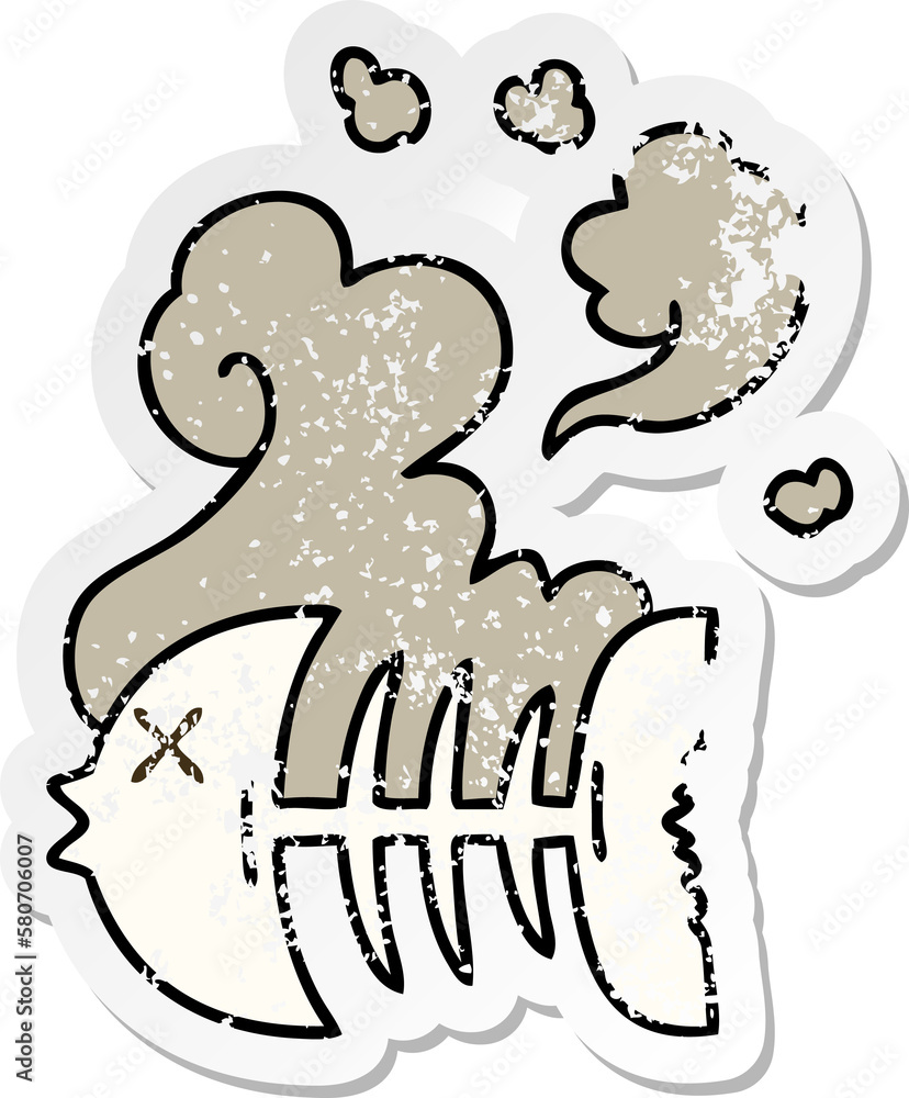 distressed sticker of a quirky hand drawn cartoon dead fish skeleton distressed sticker of a quirky hand drawn cartoon dead fish skeleton