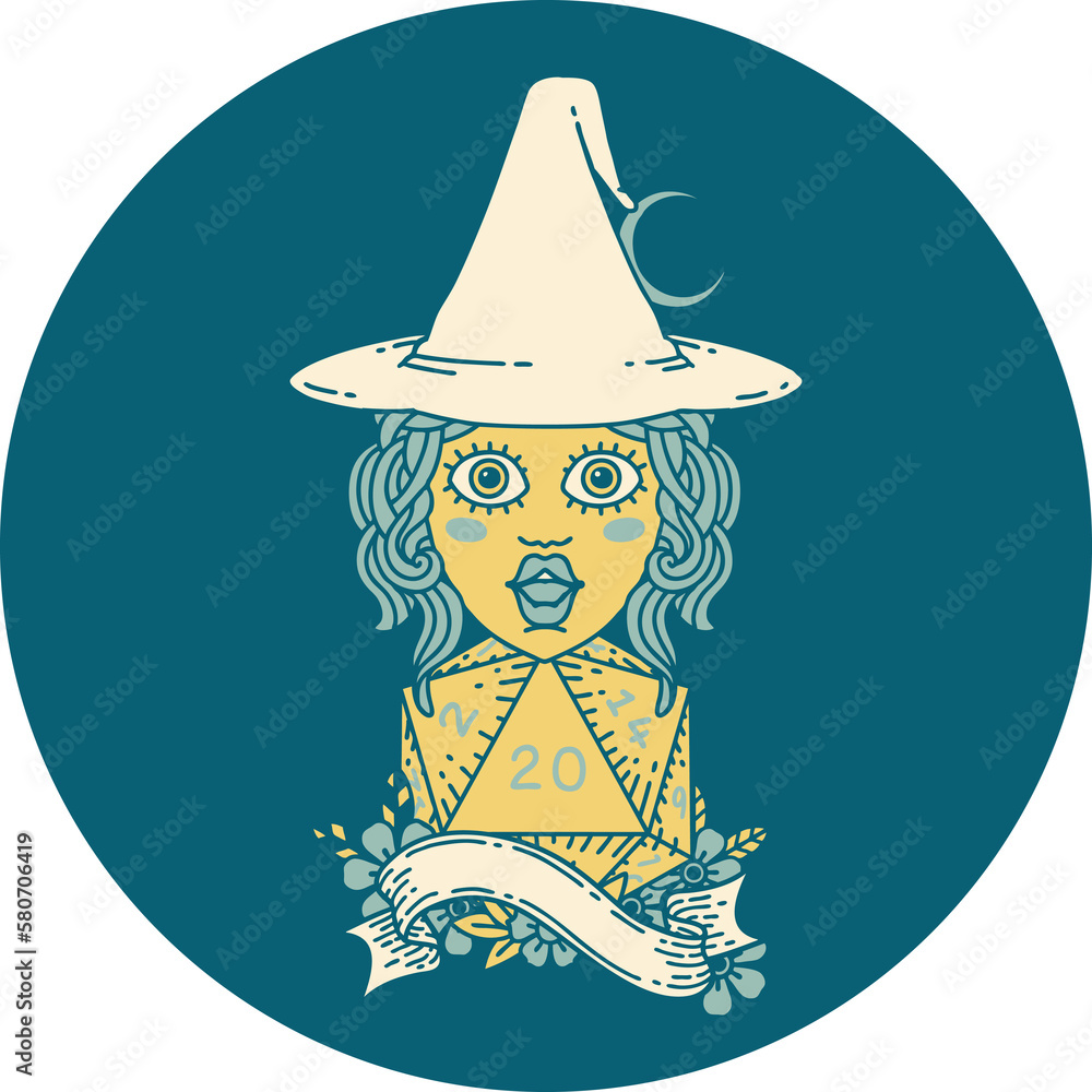 human mage with natural 20 D20 dice roll illustration human mage with natural 20 D20 dice roll illustration