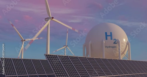 Production of renewable energy based on hydrogen. Hydrogen gas is generated by electricity generated by wind farms and solar panels. Sunrise. 3d rendering. photo