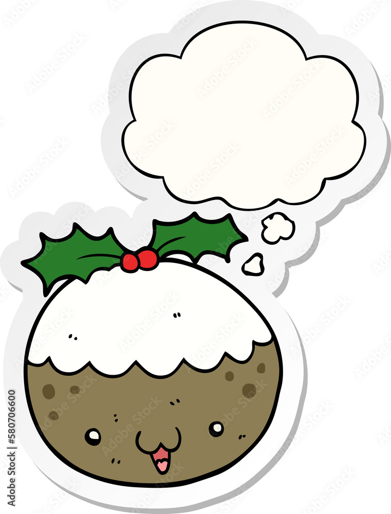 cute cartoon christmas pudding and thought bubble as a printed sticker cute cartoon christmas pudding and thought bubble as a printed sticker