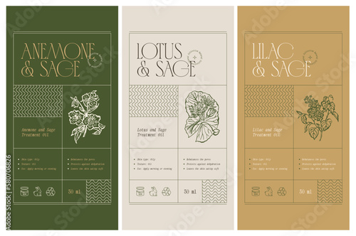 Abstract botanical vector cosmetics printable label design template for branding packaging design