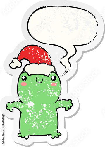 cute cartoon frog wearing christmas hat and speech bubble distressed sticker