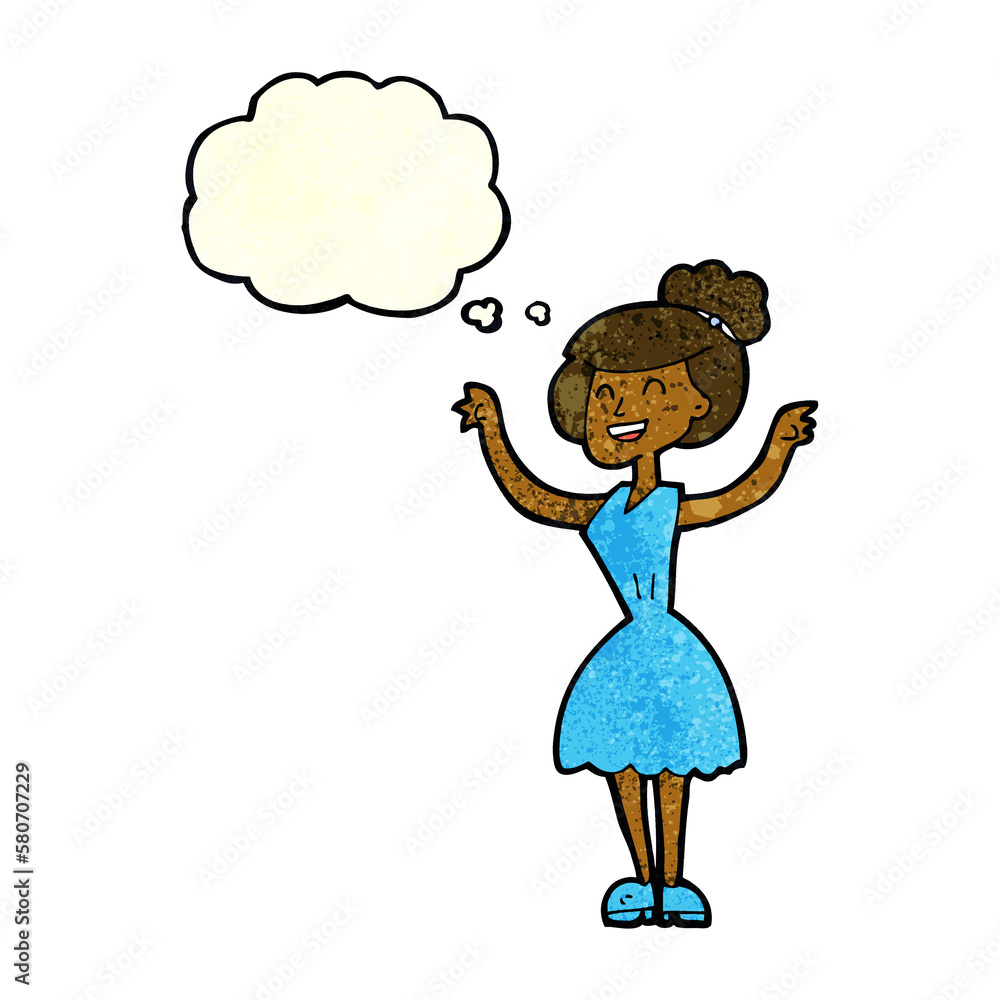 cartoon woman with raised arms with thought bubble cartoon woman with raised arms with thought bubble