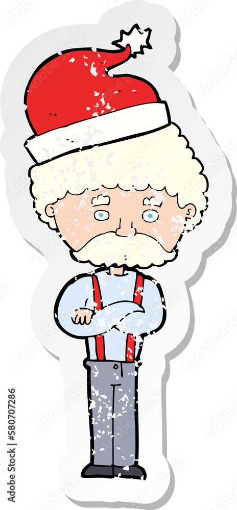 retro distressed sticker of a cartoon old man in christmas hat retro distressed sticker of a cartoon old man in christmas hat