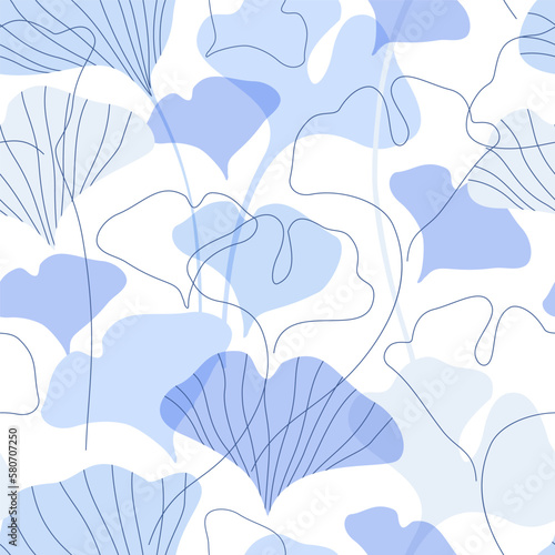 Abstract gingko leaves silhouettes and continuous line art wallpaper