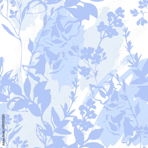 Flowers silhouettes and rough grunge shapes seamless pattern.
