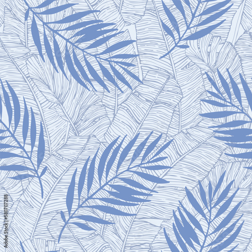 Hand drawn palm leaves silhouettes and banana line art of background