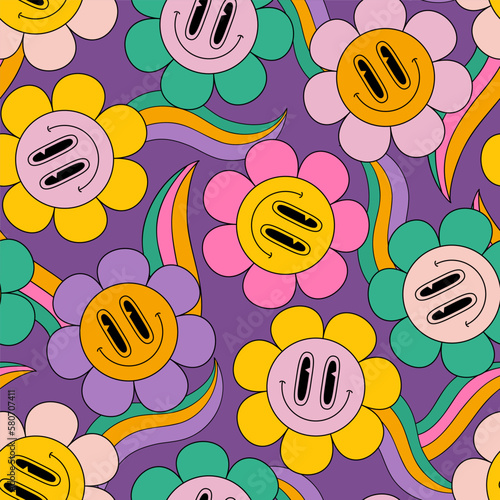 Abstract smiling flower face funny rainbows seamless pattern in 70s hippie style