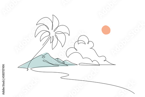Abstract tropical landscape continuous art line with mountains, sea, coconut palm tree