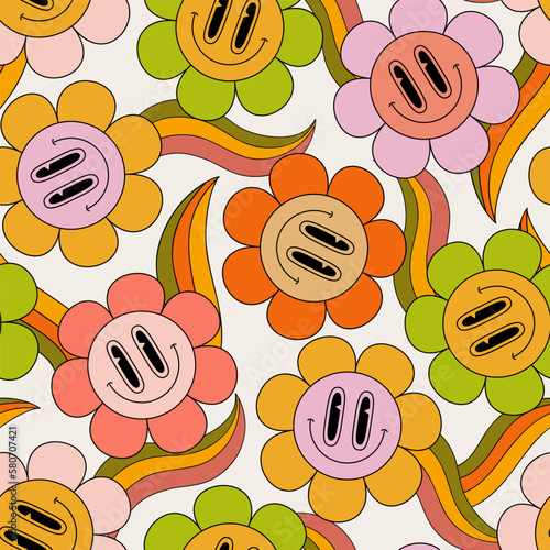 Abstract smiling flower face funny rainbows seamless pattern in 70s hippie style