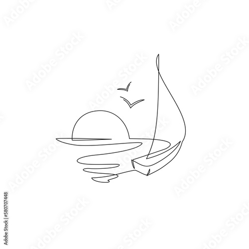 Abstract continuous line drawing of yacht sailing on sea during sunset