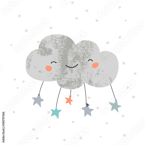 Cute smiling cloud, starry sky, doodle background