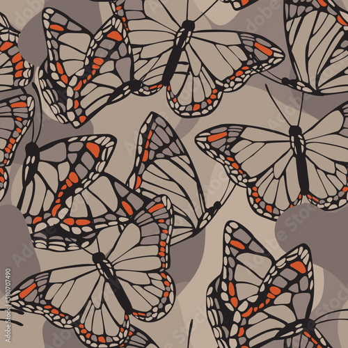 Beautiful butterflies seamless pattern. Flying insects on geometric background.