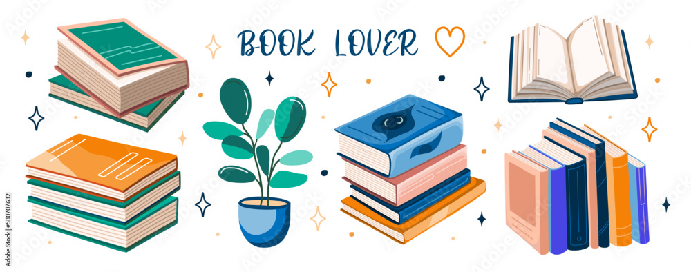 Set of books stickers. Open book, plant, and stacks of books to read in flat design style. Book lover. Vector. Set of books stickers. Open book, plant, and stacks of books to read in flat design style. Book lover. Vector.