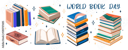 Set of books stickers. Open book, plant, and stacks of books to read in flat design style. World book day. Vector.