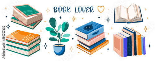 Set of books stickers. Open book, plant, and stacks of books to read in flat design style. Book lover. Vector.