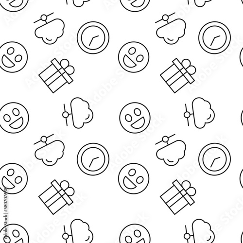 Monochrome vector seamless pattern of clock, cloud store, smile, giftbox for present for web sites and polygraphy