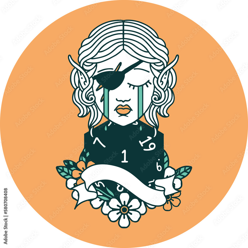 crying elf rogue character face with natural one D20 roll icon crying elf rogue character face with natural one D20 roll icon