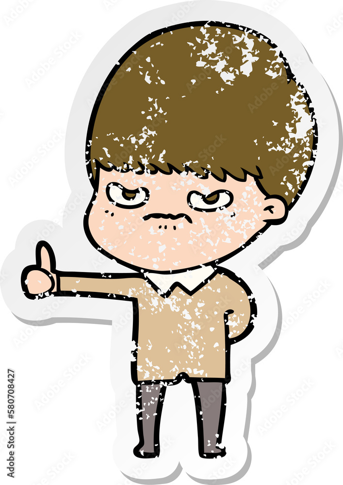 distressed sticker of a angry cartoon boy distressed sticker of a angry cartoon boy