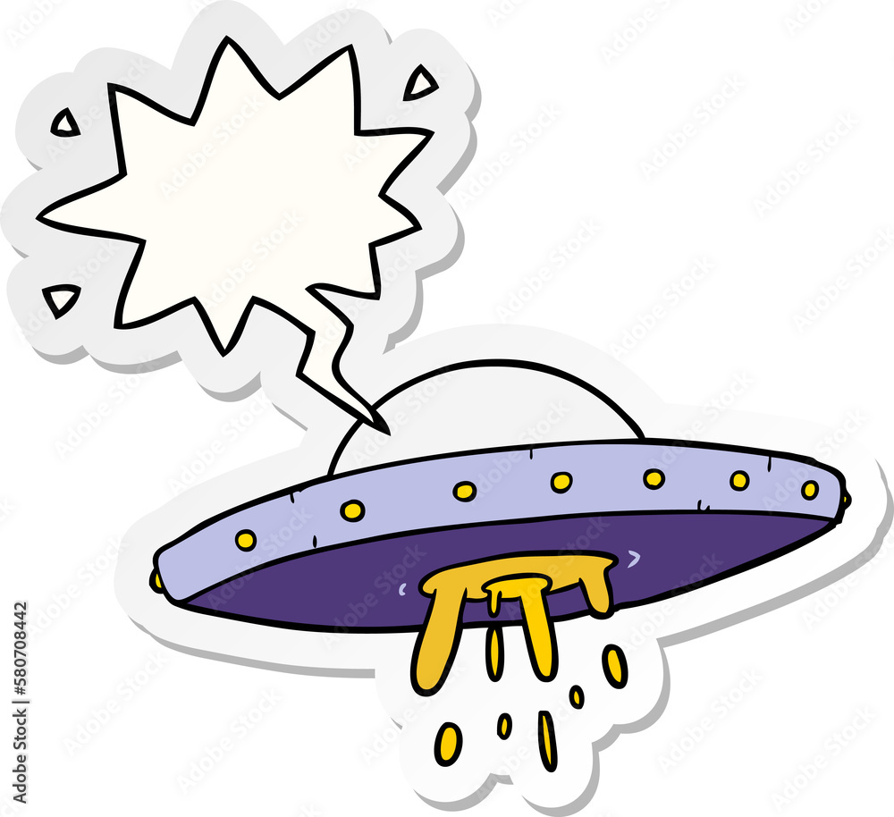 cartoon flying UFO and speech bubble sticker cartoon flying UFO and speech bubble sticker