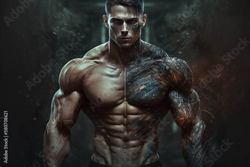Portrait of an athlete on a dark background. Powerful male fitness model poses in a dark setting, demonstrating peak physical form and muscle.