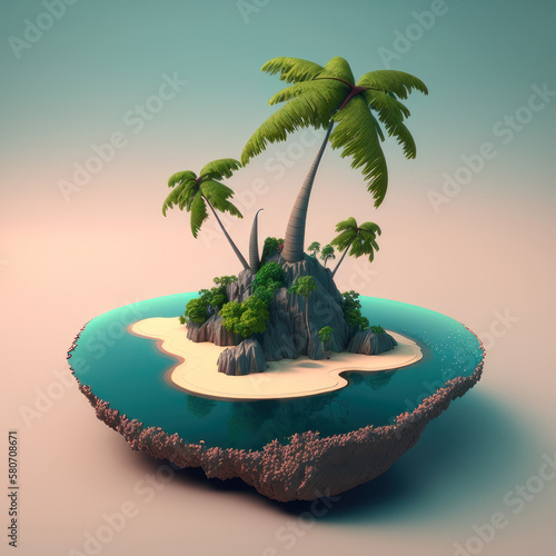 Cartoon island with a palm tree, 3d. AI generative.