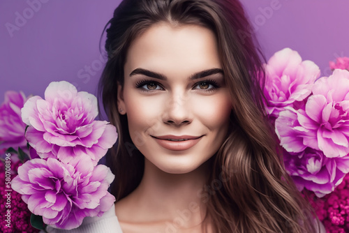 Woman with peonies, presenting a fresh and radiant complexion, ideal for beauty and skincare concepts. © Liana