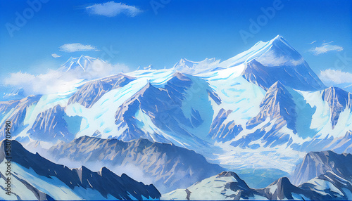 A stunning illustration of towering mountain peaks covered in a thick blanket of snow, with a bright blue sky and crisp white clouds in the background, generative ai