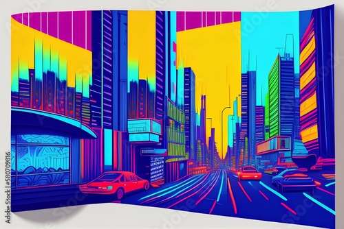 Bright vibrant colors of night neon city. hotels, restaurants, woodhouses Mural print, greeting template 8k - generative ai