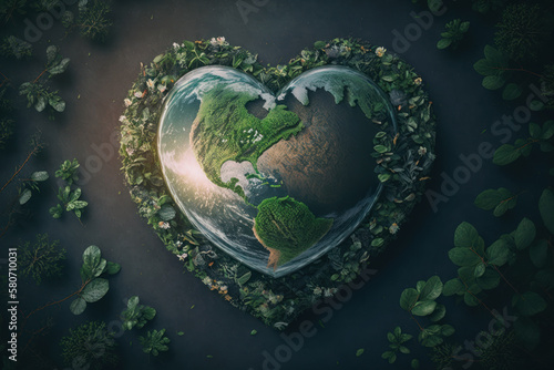 Earth day concept. Heart shape of world with nature abstract background. Generative ai
