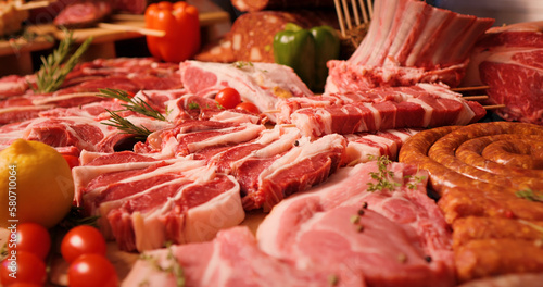 Delicious meat table layout raw steaks and sausages. Premium organic meat to sell in market. Meat industry concept.
