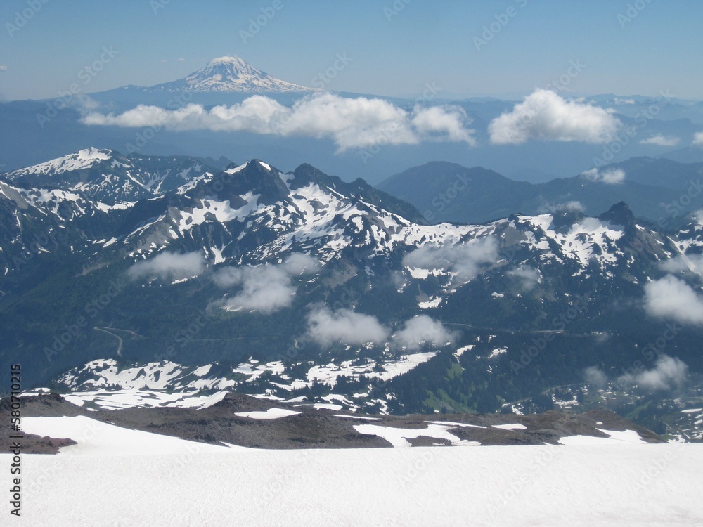 View of Cascade Mountain Range, Hiking to Camp Muir on Mount Rainier 