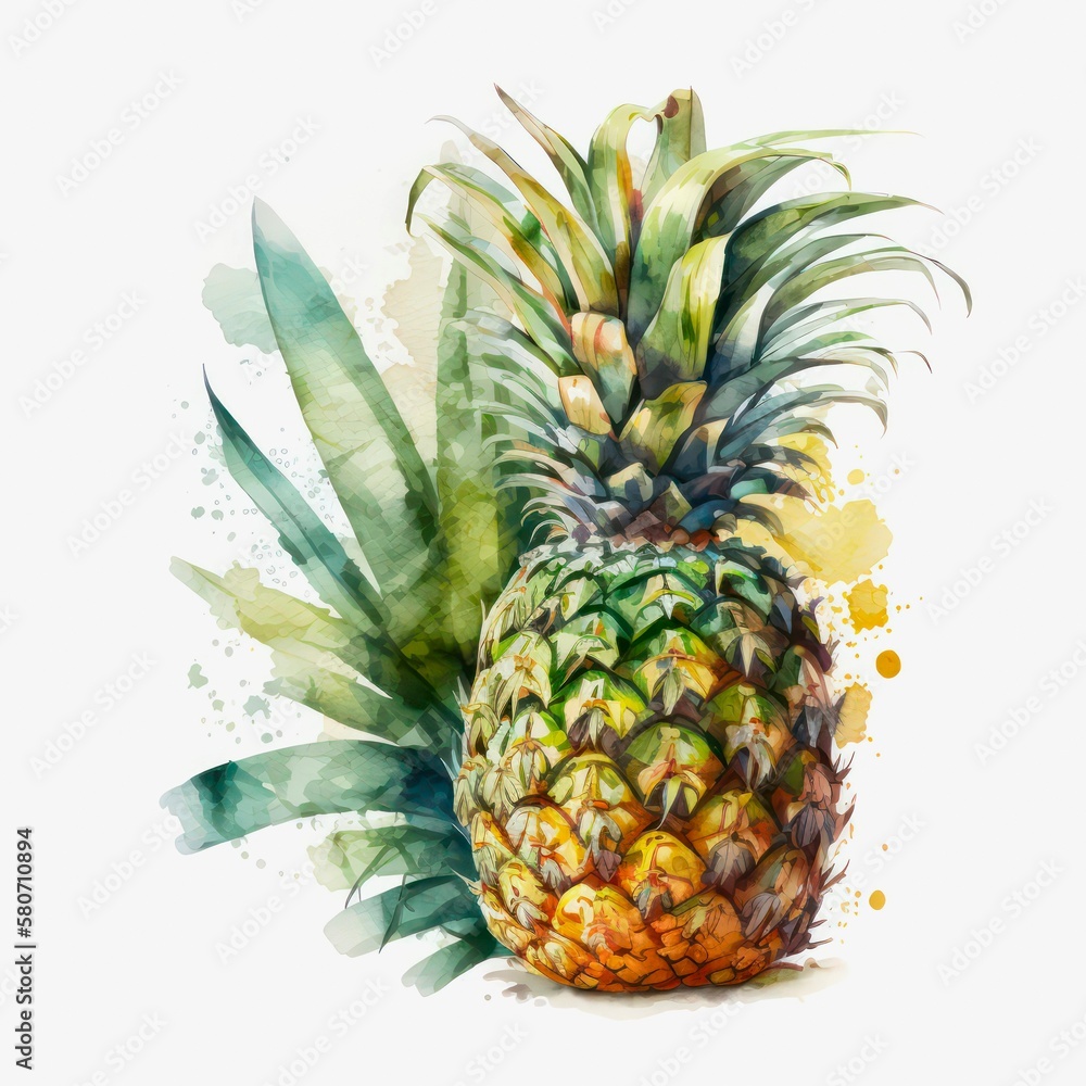 Fototapeta premium Watercolor illustration of a pineapple on white background. Generative AI art.