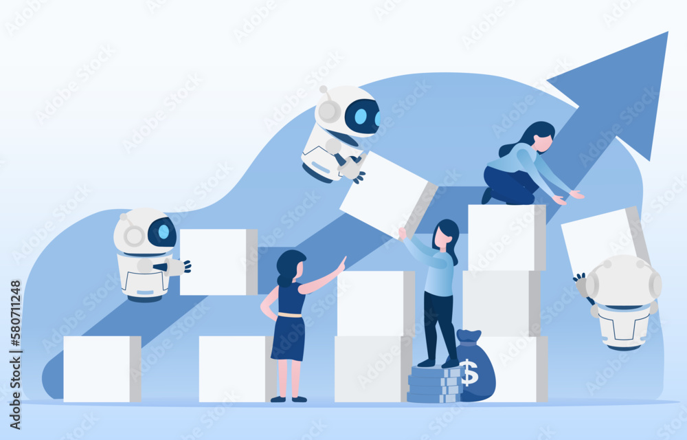 Humans and robots work together to build a box to the top. It is more common in industries such as manufacturing, construction and logistics. Flat vector illustration. Humans and robots work together to build a box to the top. It is more common in industries such as manufacturing, construction and logistics. Flat vector illustration.