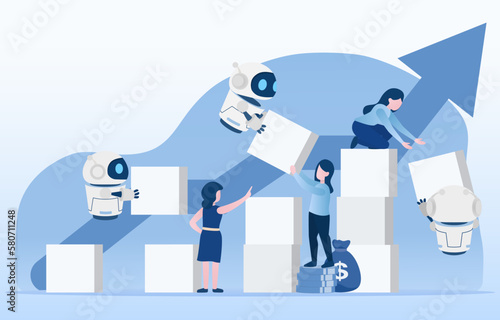 Humans and robots work together to build a box to the top. It is more common in industries such as manufacturing, construction and logistics. Flat vector illustration.