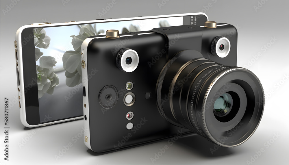 Smartphone with lens of proffesional camera. 3d rendering. Generative AI technology.