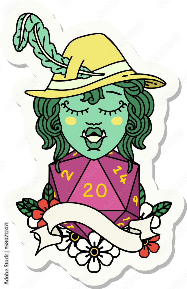 singing half orc bard character with natural twenty dice roll sticker